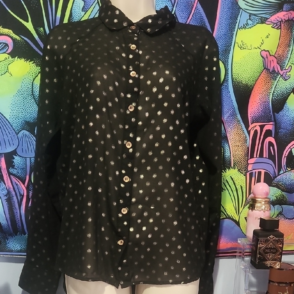 Black W Gold Polka Dot Button-Up Shirt Nwot